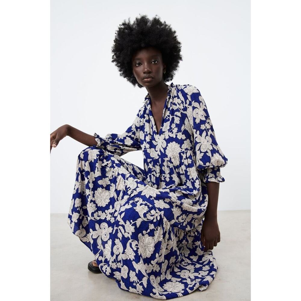 Zara Blue White Floral Plunge V-Neck 3/4 Balloon Sleeve Midi Maxi A-line Dress M - Picture 3 of 11